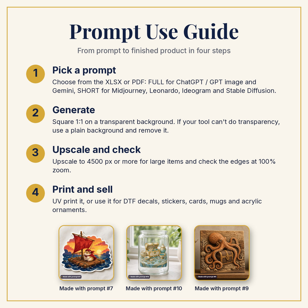 Prompt Use Guide: pick a prompt, generate, upscale and check, then print and sell, with example products made with prompts #7, #10 and #9