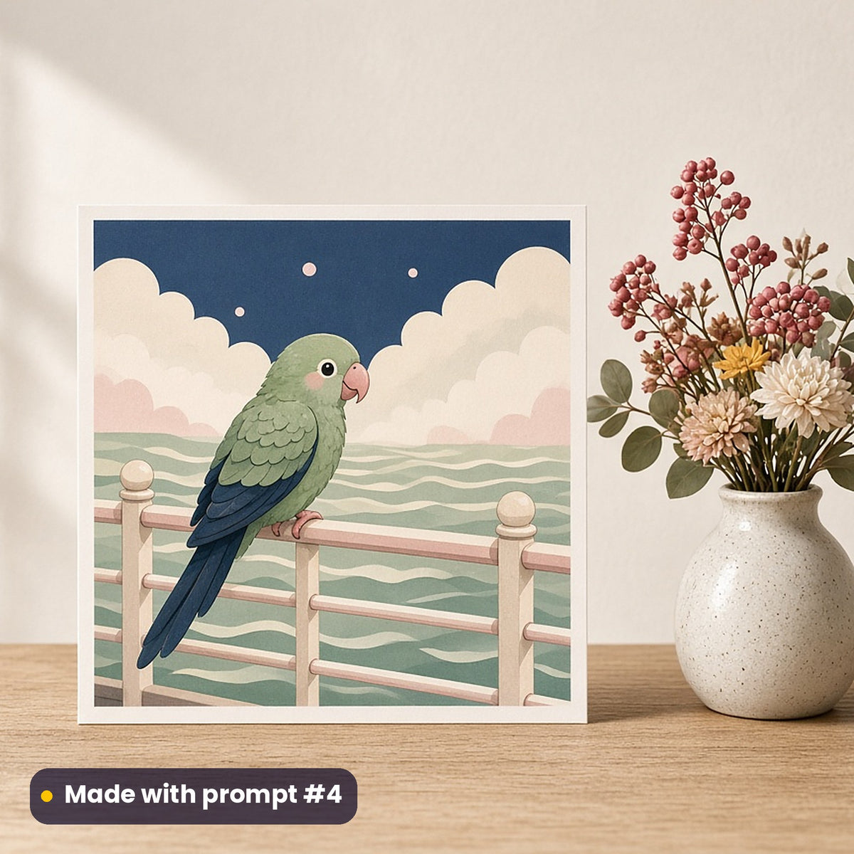 Talk Like a Pirate Day artwork printed on a flat-printed greeting card: parrot on a ship's rail, cute kawaii style, made with prompt #4 from this pack