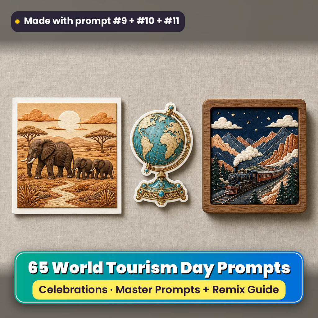 World Tourism Day prompt pack: 65 master prompts + Remix Guide, with a UV-printed greeting card, acrylic ornament and mug set made with prompts #9, #10 and #11
