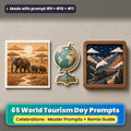 World Tourism Day prompt pack: 65 master prompts + Remix Guide, with a UV-printed greeting card, acrylic ornament and mug set made with prompts #9, #10 and #11