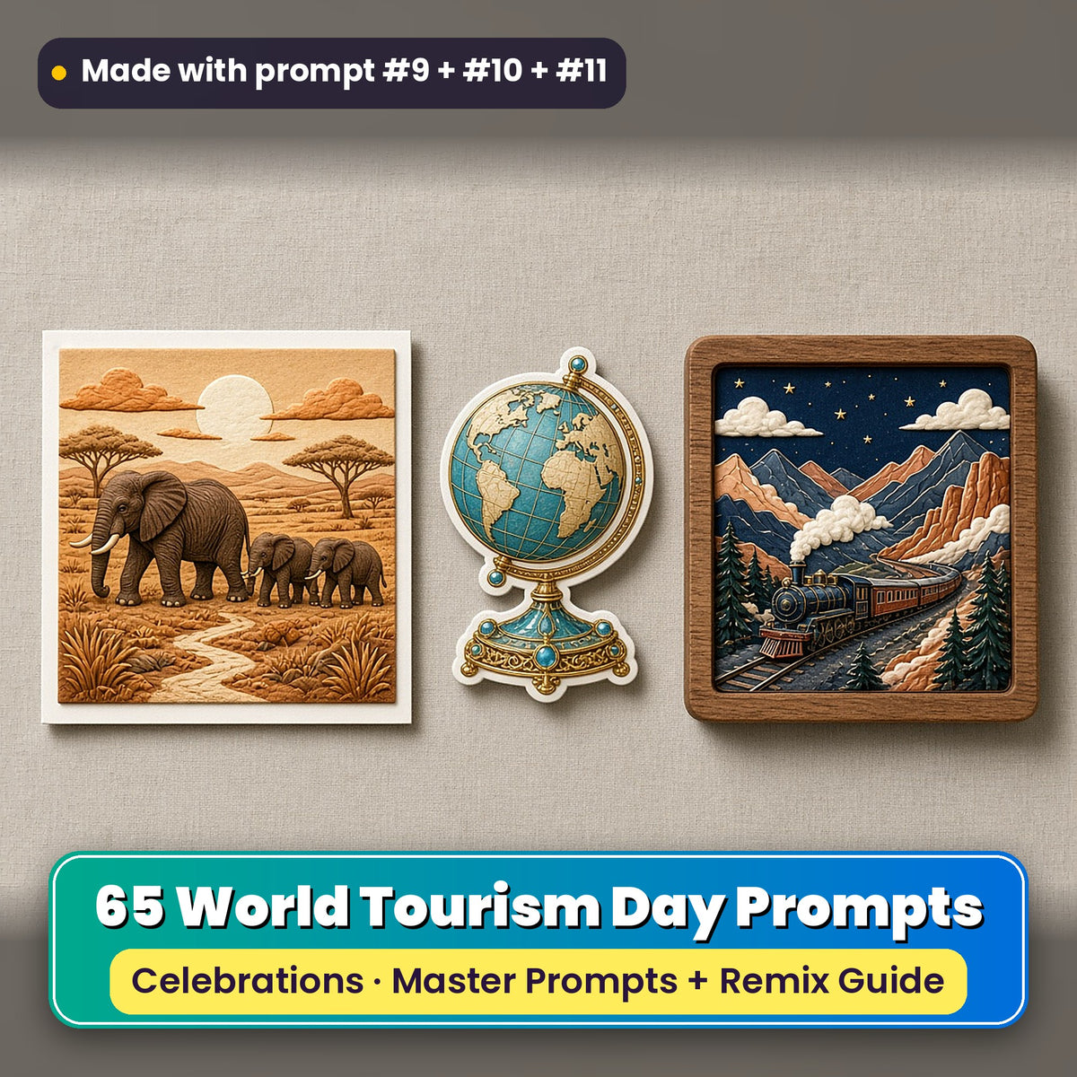 World Tourism Day prompt pack: 65 master prompts + Remix Guide, with a UV-printed greeting card, acrylic ornament and mug set made with prompts #9, #10 and #11
