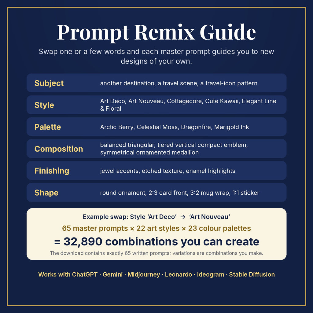 Prompt Remix Guide: swap subject, style, palette, composition, finishing and shape; 65 master prompts × 22 styles × 23 palettes = 32,890 combinations you can create
