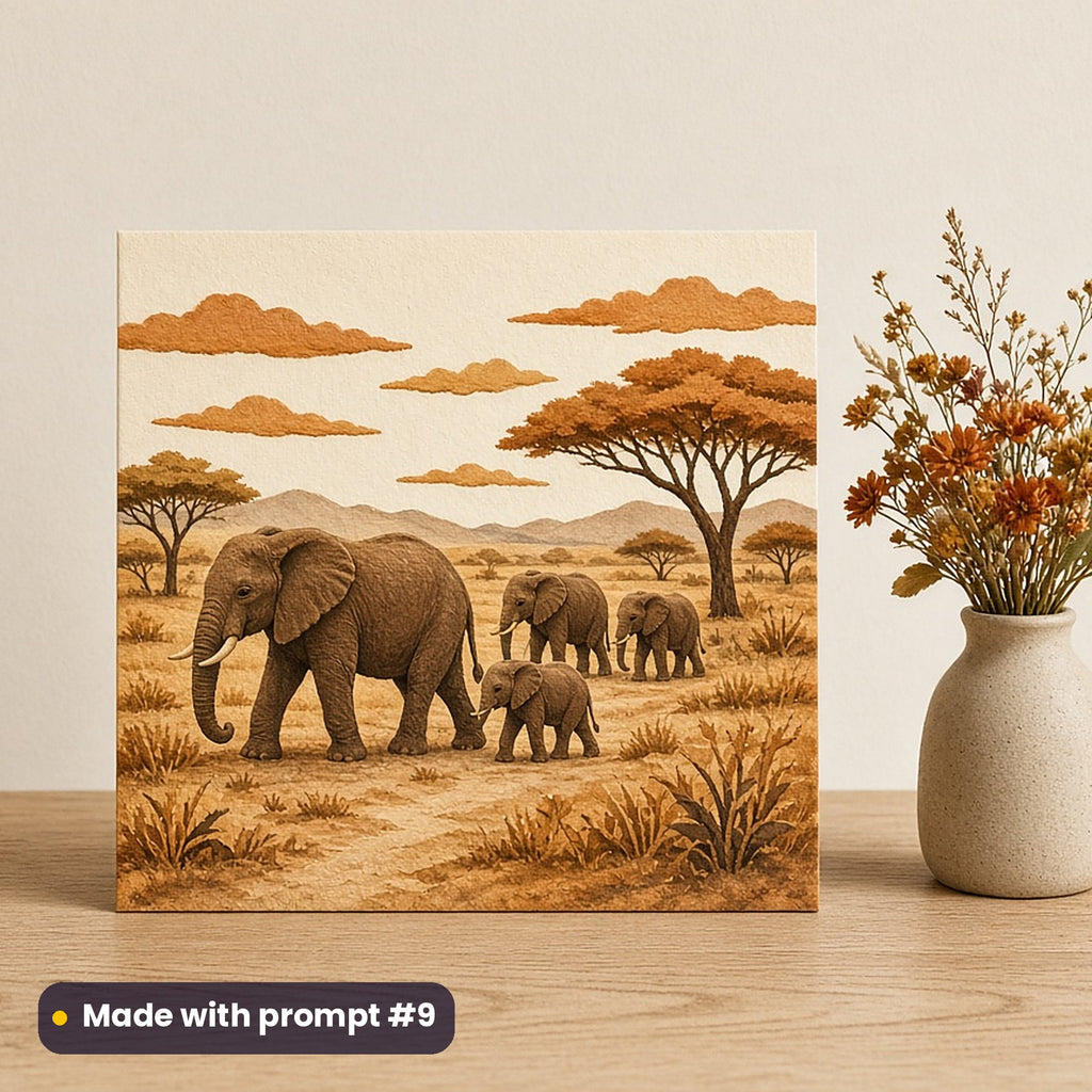 World Tourism Day artwork printed on a flat-printed greeting card: elephants crossing a savanna, handcrafted clay illusion style, made with prompt #9 from this pack