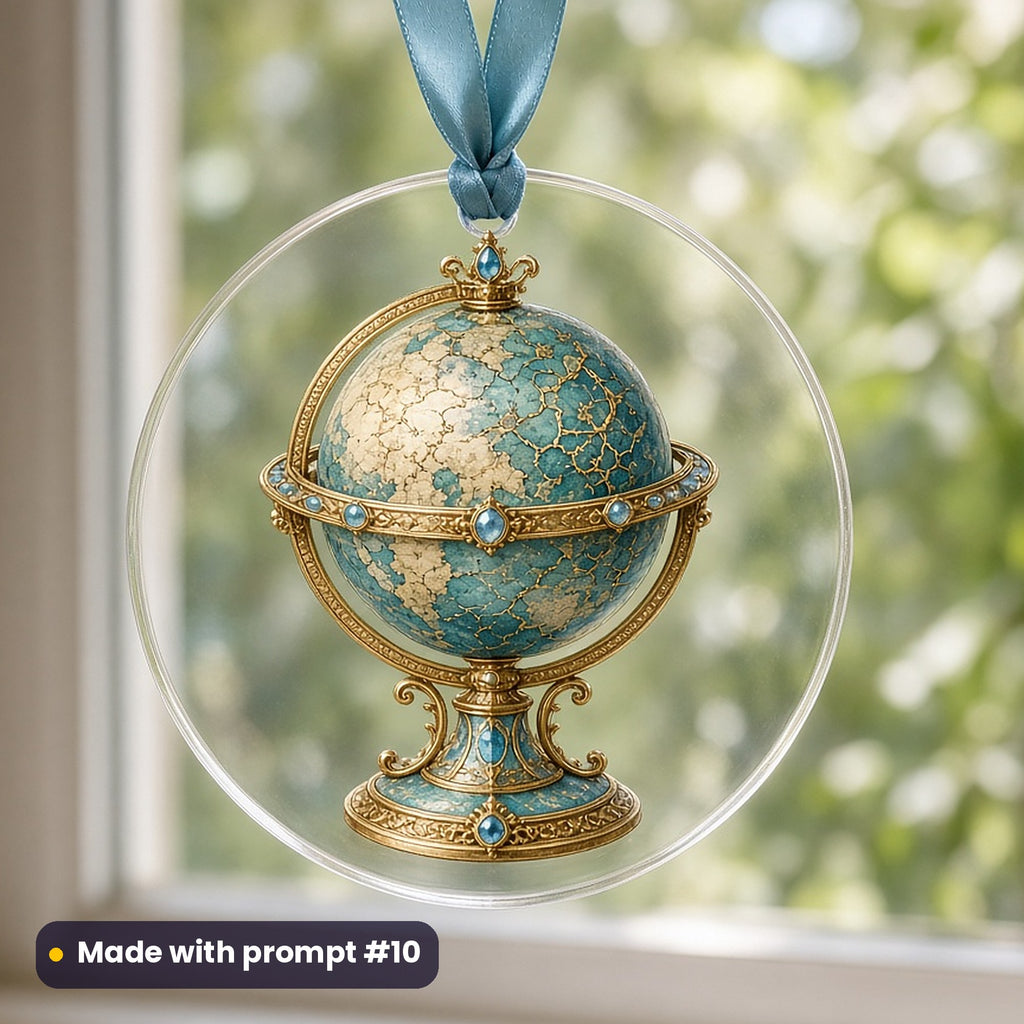 World Tourism Day artwork printed on a UV-printed clear acrylic ornament: antique globe on a stand, luxury enamel & gemstone style, made with prompt #10 from this pack