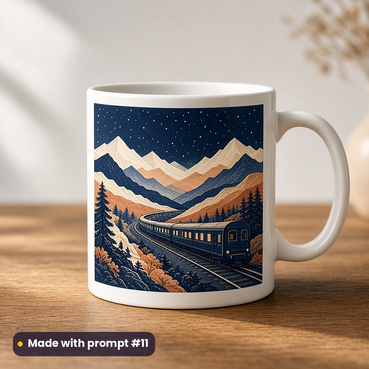 World Tourism Day artwork printed on a UV-printed ceramic mug: night train through mountains, luxury porcelain style, made with prompt #11 from this pack