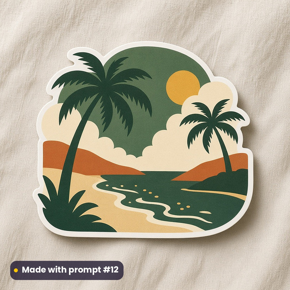 World Tourism Day artwork printed on a die-cut vinyl sticker: tropical beach with palms, minimal bold graphic style, made with prompt #12 from this pack