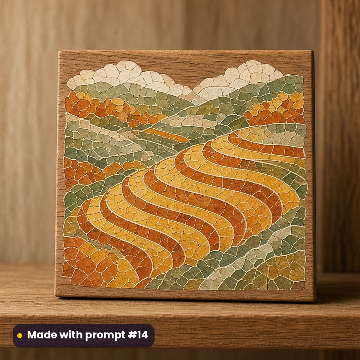 World Tourism Day artwork printed on a UV-printed wooden plaque: terraced rice fields, mosaic jewel style, made with prompt #14 from this pack