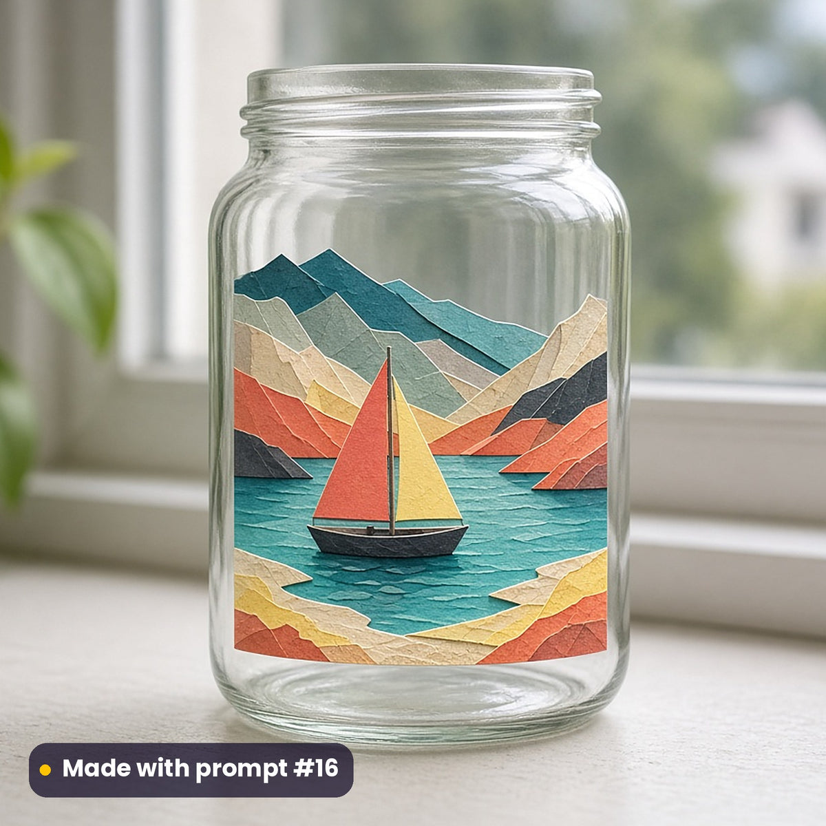 World Tourism Day artwork printed on a UV DTF decal on glass: sailing boat in a turquoise bay, papercut relief illusion style, made with prompt #16 from this pack