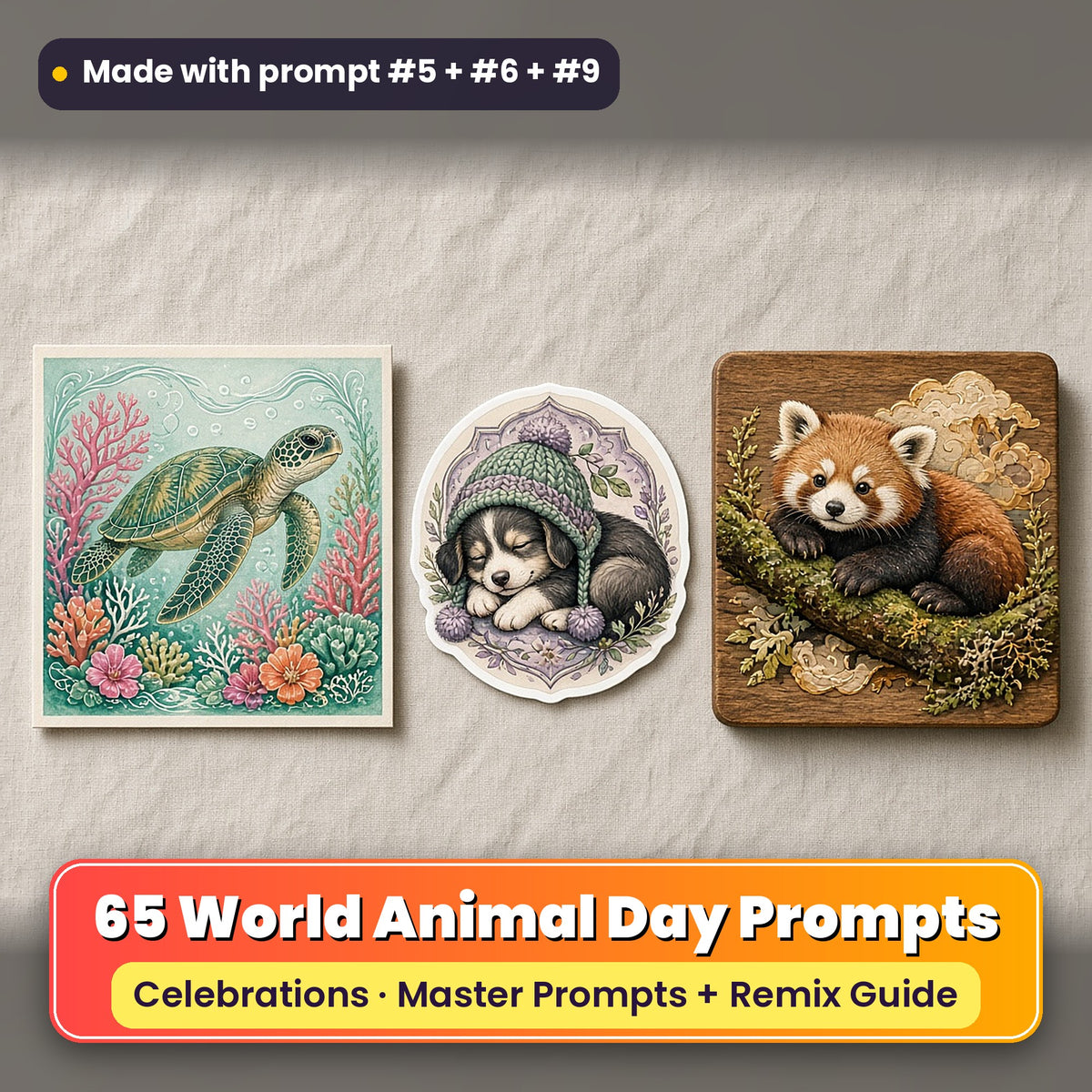 World Animal Day prompt pack: 65 master prompts + Remix Guide, with a UV-printed greeting card, acrylic ornament and mug set made with prompts #5, #6 and #9