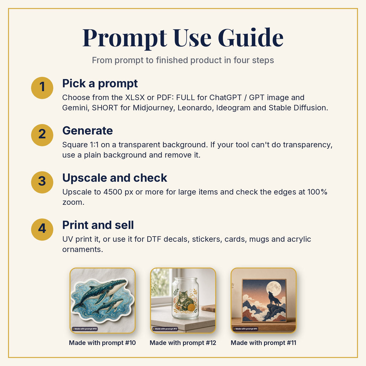 Prompt Use Guide: pick a prompt, generate, upscale and check, then print and sell, with example products made with prompts #10, #12 and #11