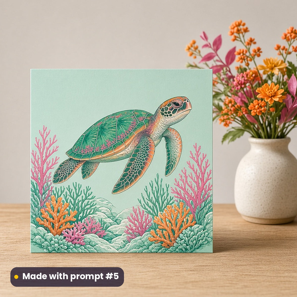 World Animal Day artwork printed on a flat-printed greeting card: sea turtle gliding over a reef, elegant line & floral style, made with prompt #5 from this pack