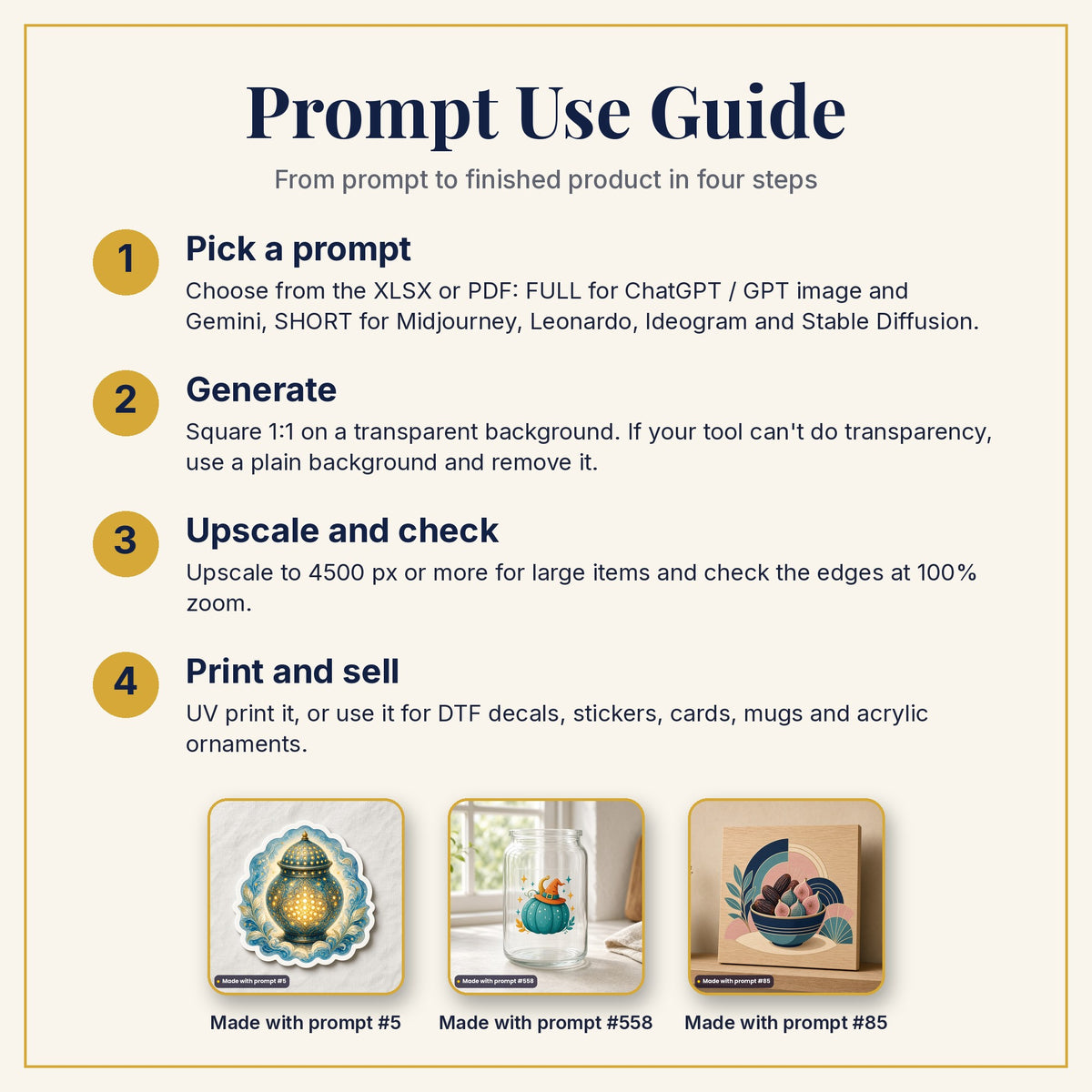 Prompt Use Guide: pick a prompt, generate, upscale and check, then print and sell, with example products made with prompts #5, #558 and #85
