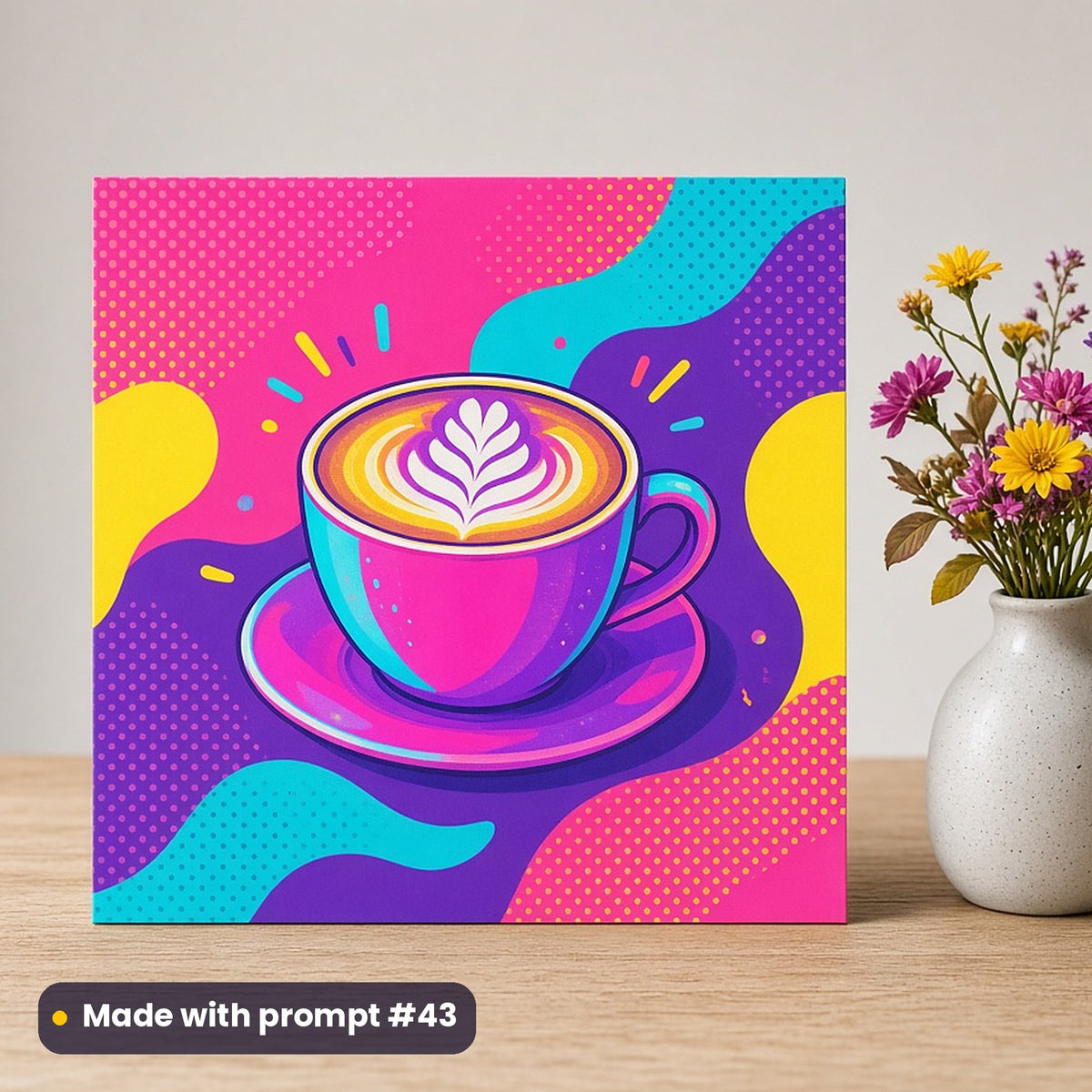 International Coffee Day artwork printed on a flat-printed greeting card: latte with leaf art in a ceramic cup, neon graphic style, made with prompt #43 from this pack