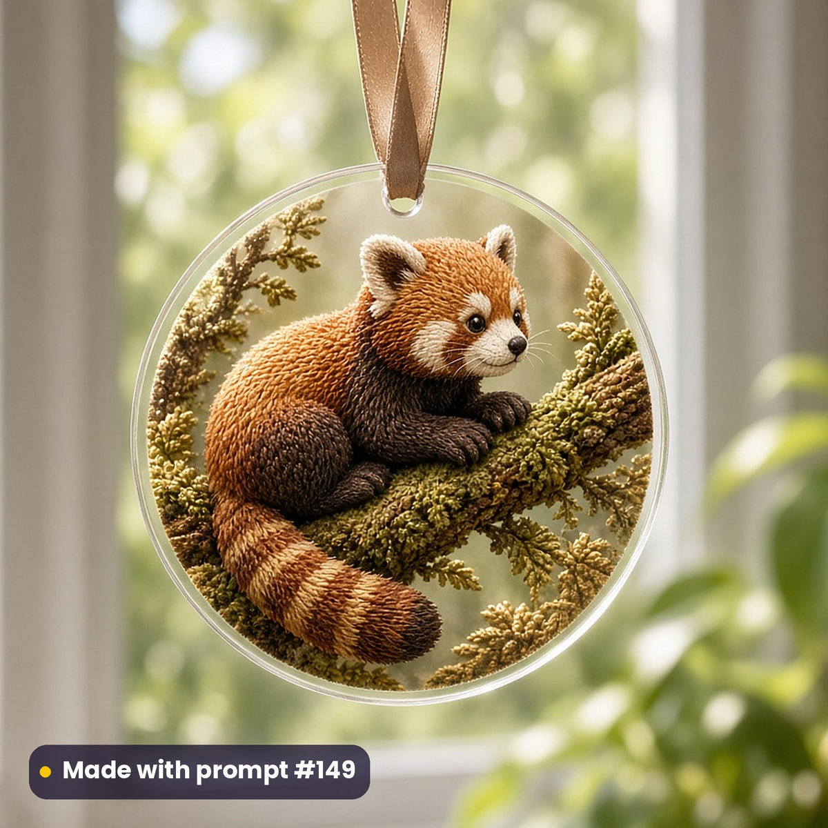 World Animal Day artwork printed on a UV-printed clear acrylic ornament: red panda on a mossy branch, handcrafted clay illusion style, made with prompt #149 from this pack