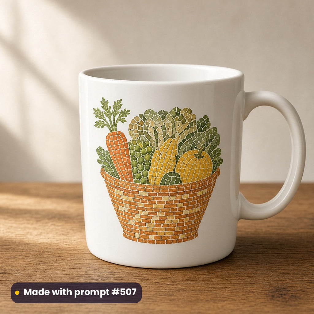 World Food Day artwork printed on a UV-printed ceramic mug: rainbow vegetable basket, mosaic jewel style, made with prompt #507 from this pack