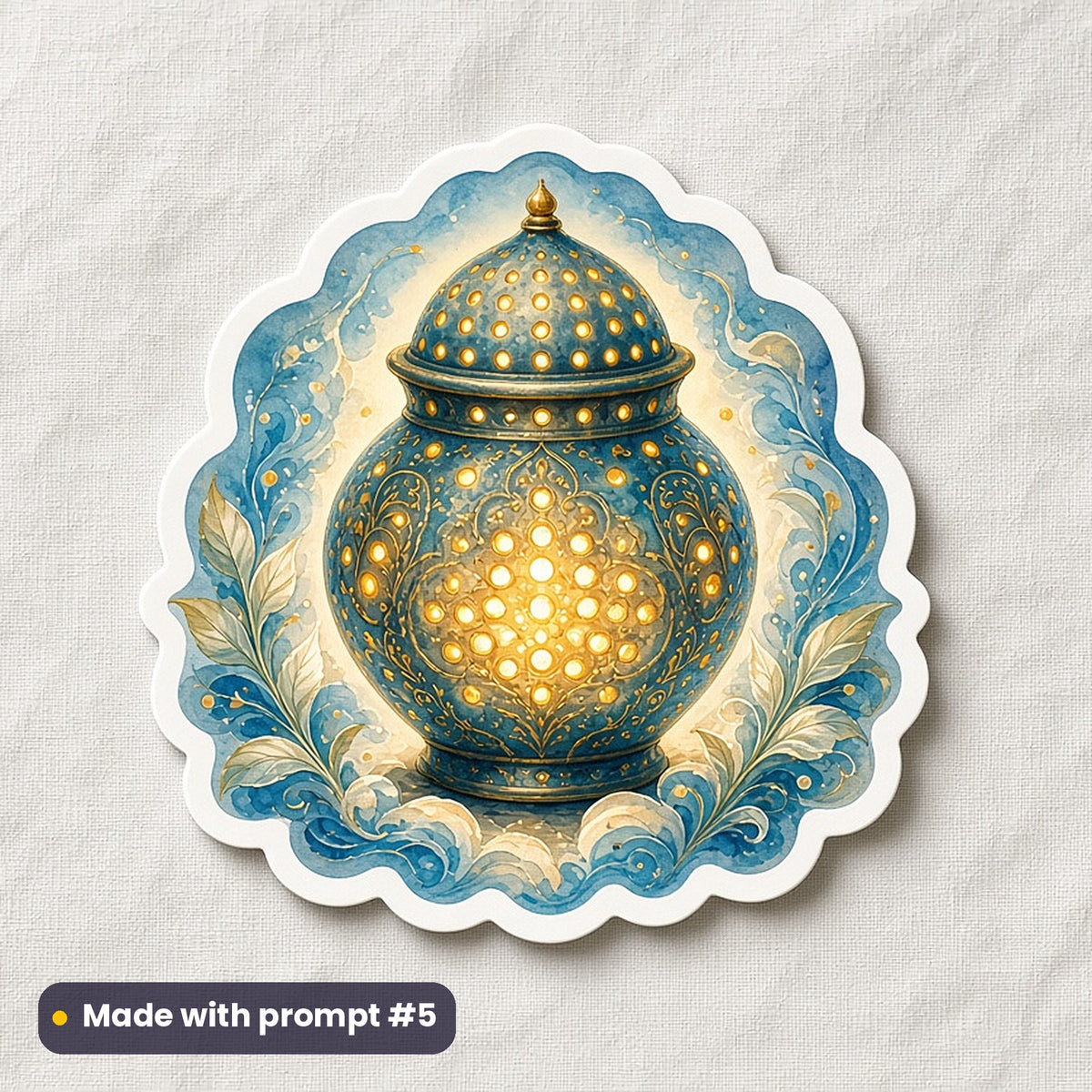 Navratri artwork printed on a die-cut vinyl sticker: garba lamp pot glowing through its holes, fantasy luminous style, made with prompt #5 from this pack