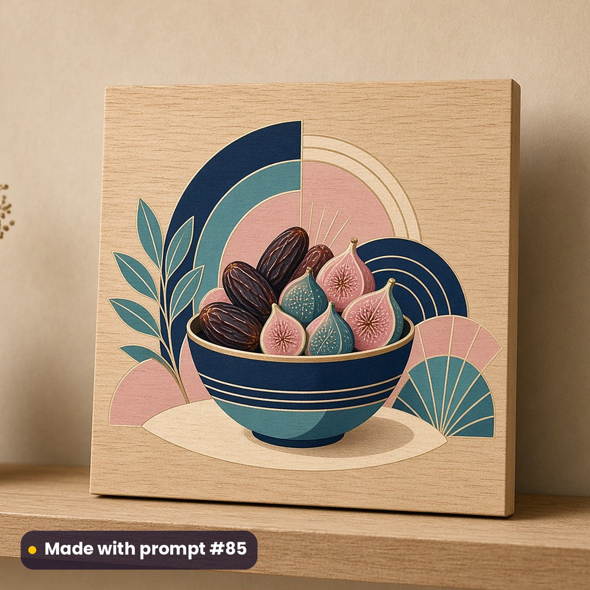 Rosh Hashanah artwork printed on a UV-printed wooden plaque: bowl of dates and figs, art deco style, made with prompt #85 from this pack