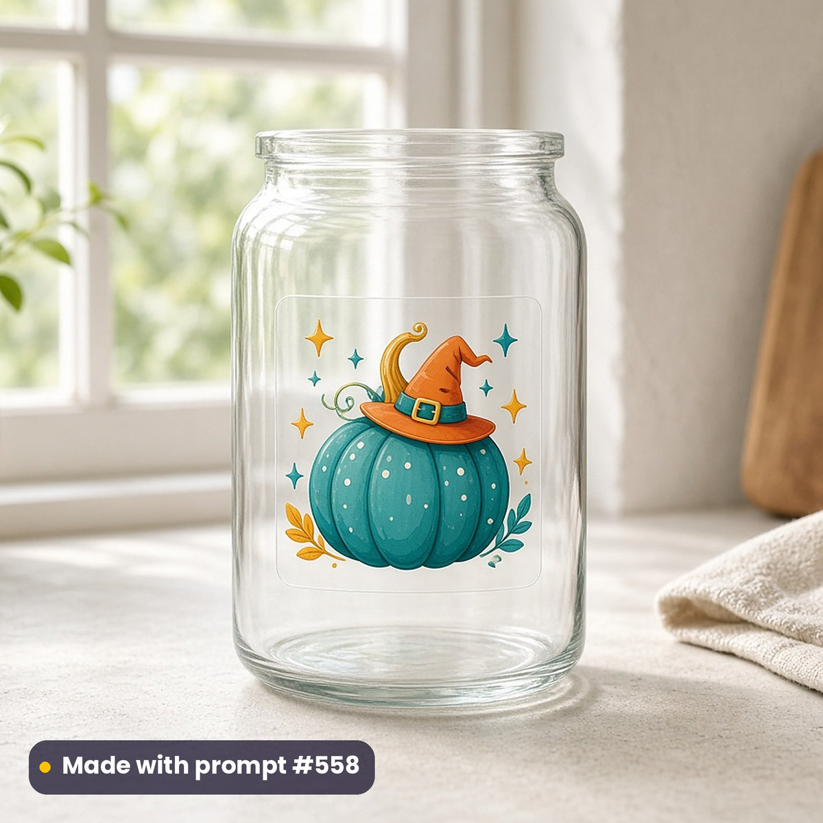 Halloween artwork printed on a UV DTF decal on glass: kawaii pumpkin in a tiny witch hat, cute kawaii style, made with prompt #558 from this pack
