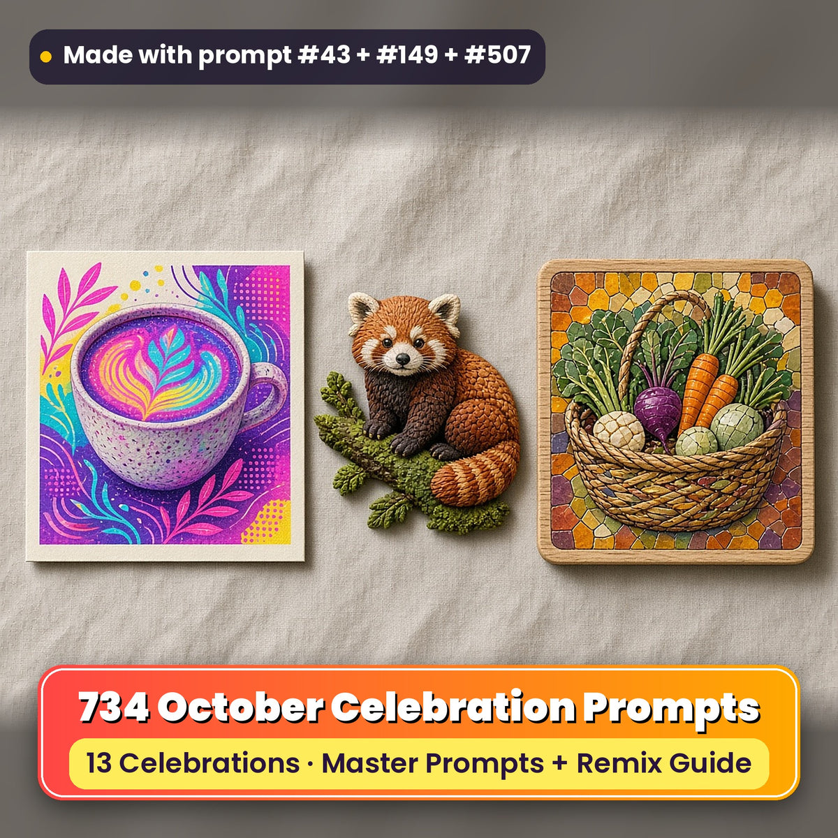 October Celebrations prompt bundle: 734 master prompts + Remix Guide, with a UV-printed greeting card, acrylic ornament and mug set made with prompts #43, #149 and #507