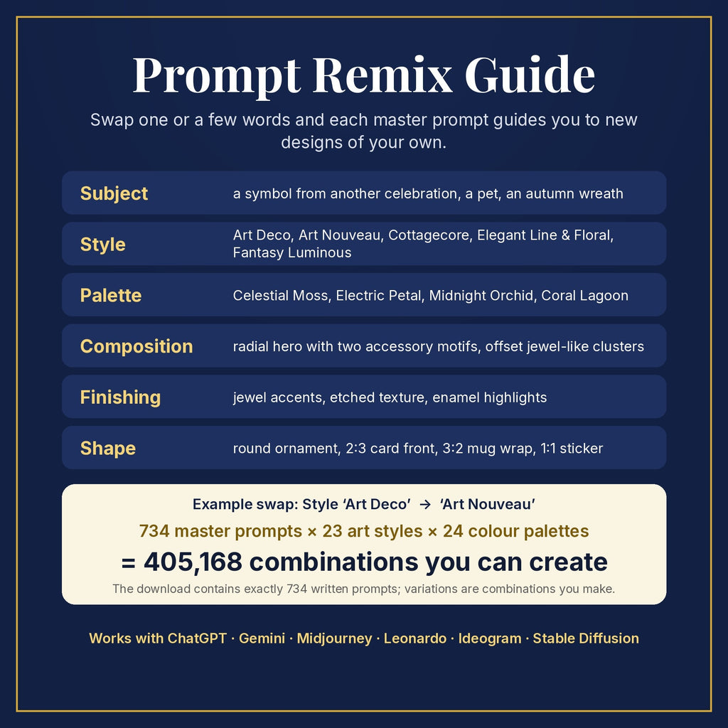 Prompt Remix Guide: swap subject, style, palette, composition, finishing and shape; 734 master prompts × 23 styles × 24 palettes = 405,168 combinations you can create