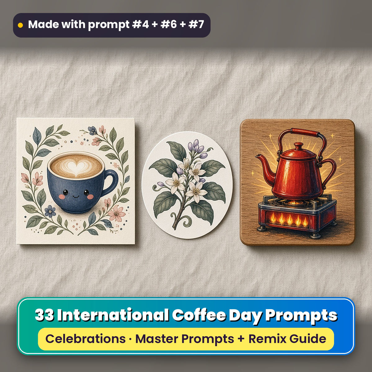 International Coffee Day prompt pack: 33 master prompts + Remix Guide, with a UV-printed greeting card, acrylic ornament and mug set made with prompts #4, #6 and #7