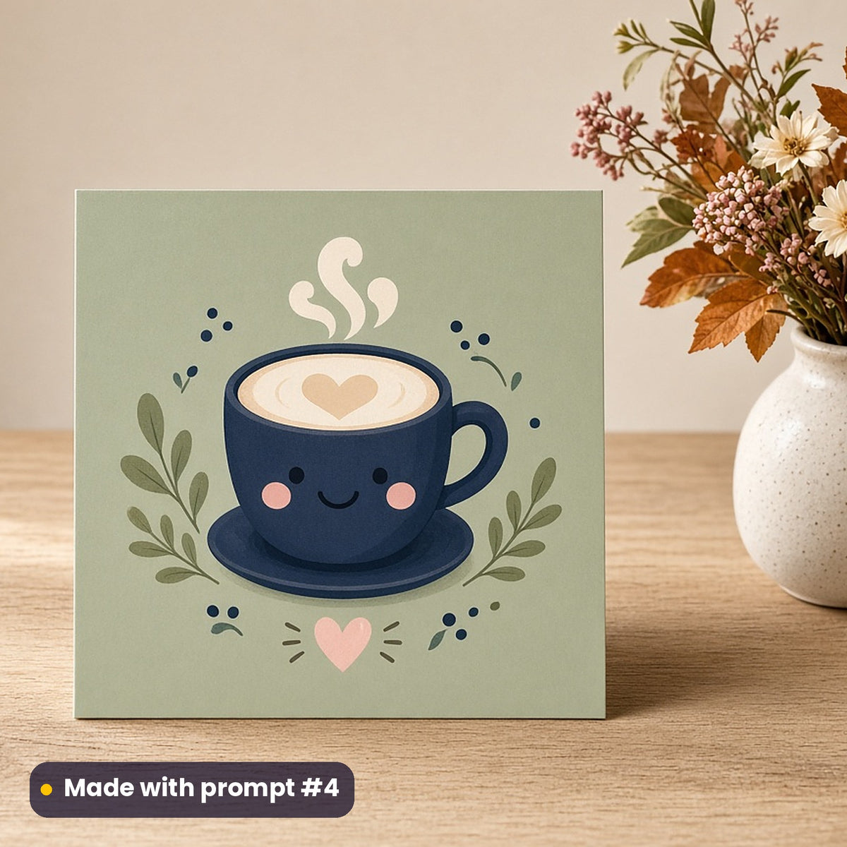 International Coffee Day artwork printed on a flat-printed greeting card: kawaii coffee cup with rosy cheeks, cute kawaii style, made with prompt #4 from this pack