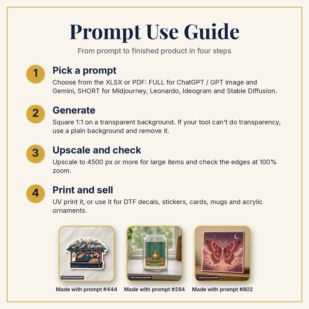 Prompt Use Guide: pick a prompt, generate, upscale and check, then print and sell, with example products made with prompts #444, #284 and #802
