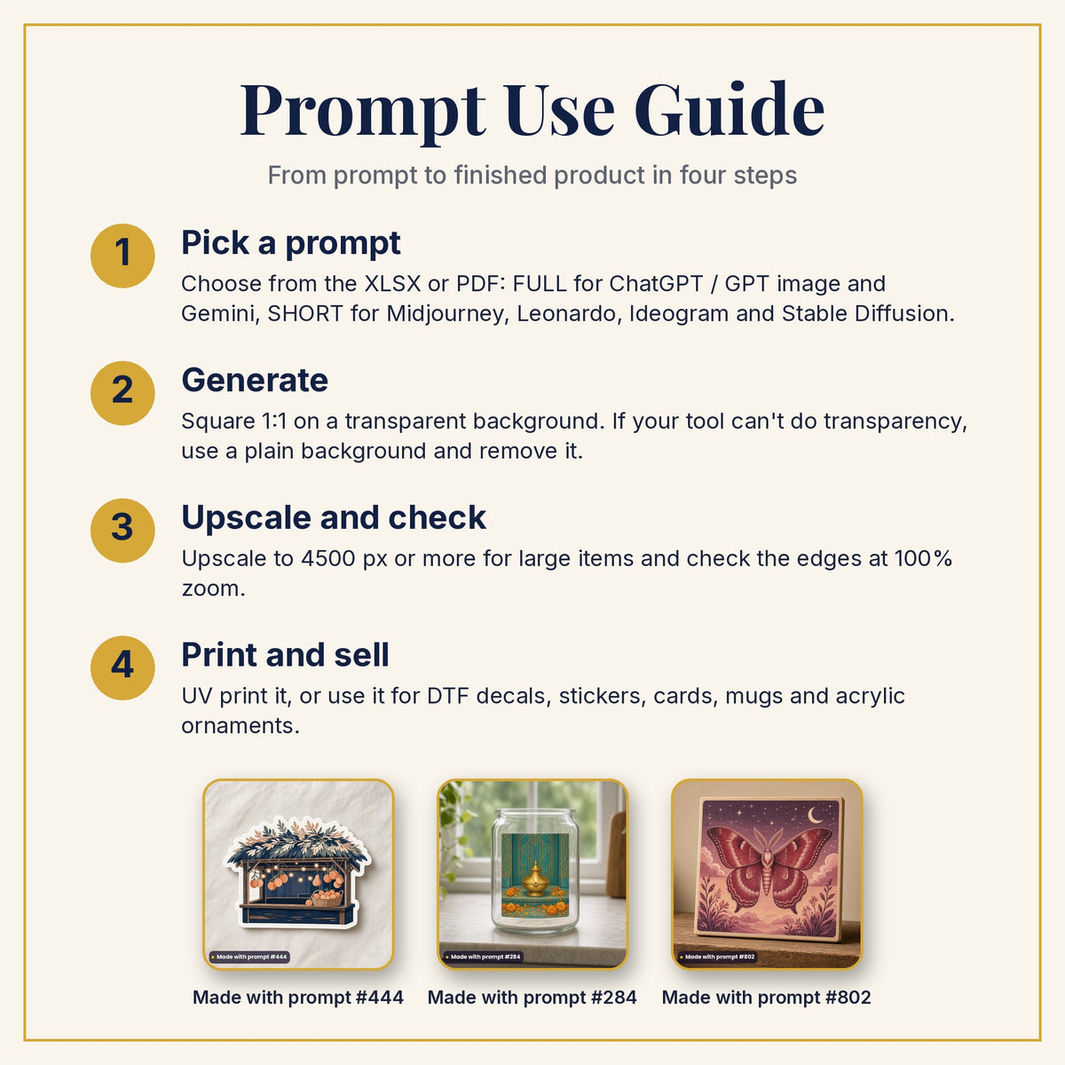 Prompt Use Guide: pick a prompt, generate, upscale and check, then print and sell, with example products made with prompts #444, #284 and #802