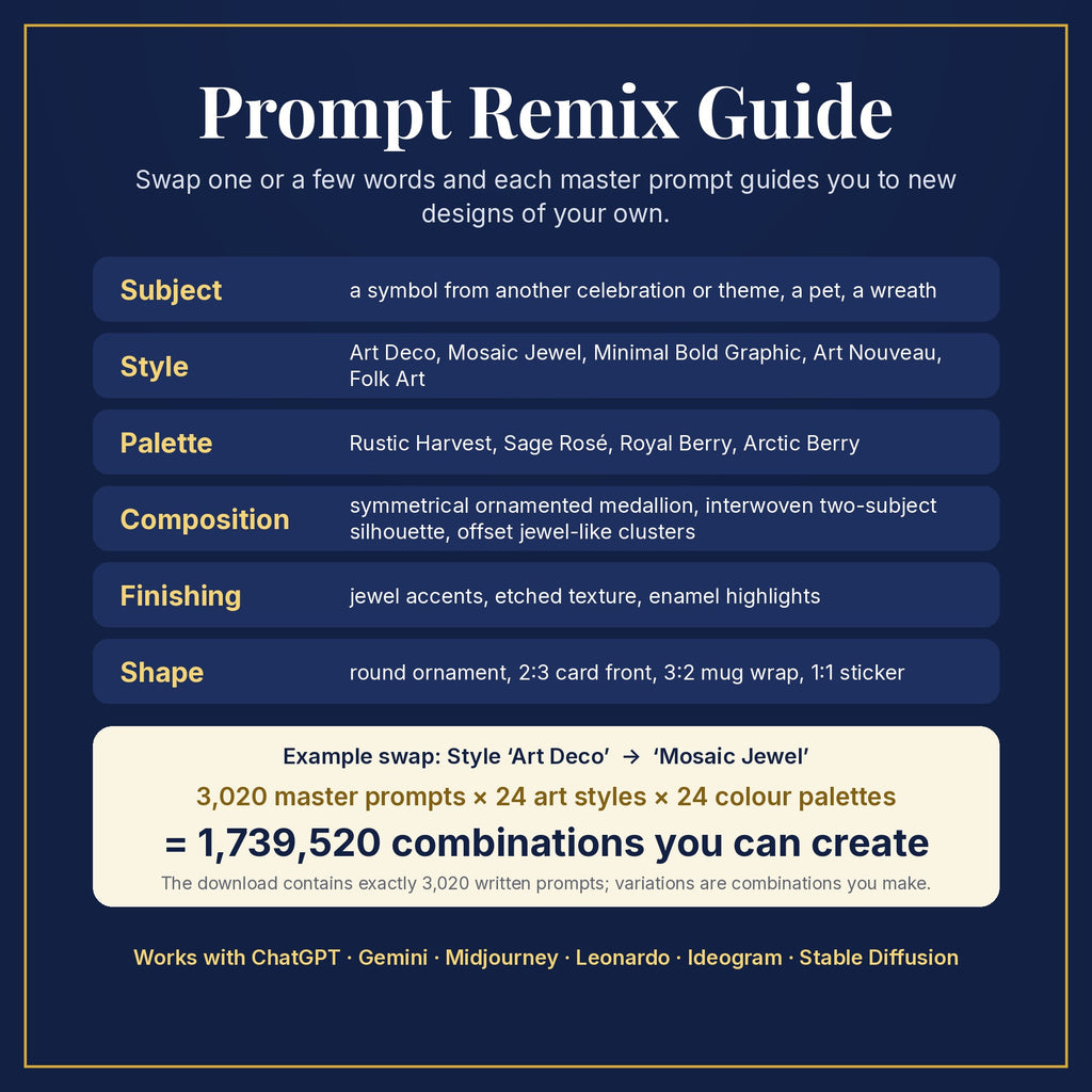 Prompt Remix Guide: swap subject, style, palette, composition, finishing and shape; 3,020 master prompts × 24 styles × 24 palettes = 1,739,520 combinations you can create