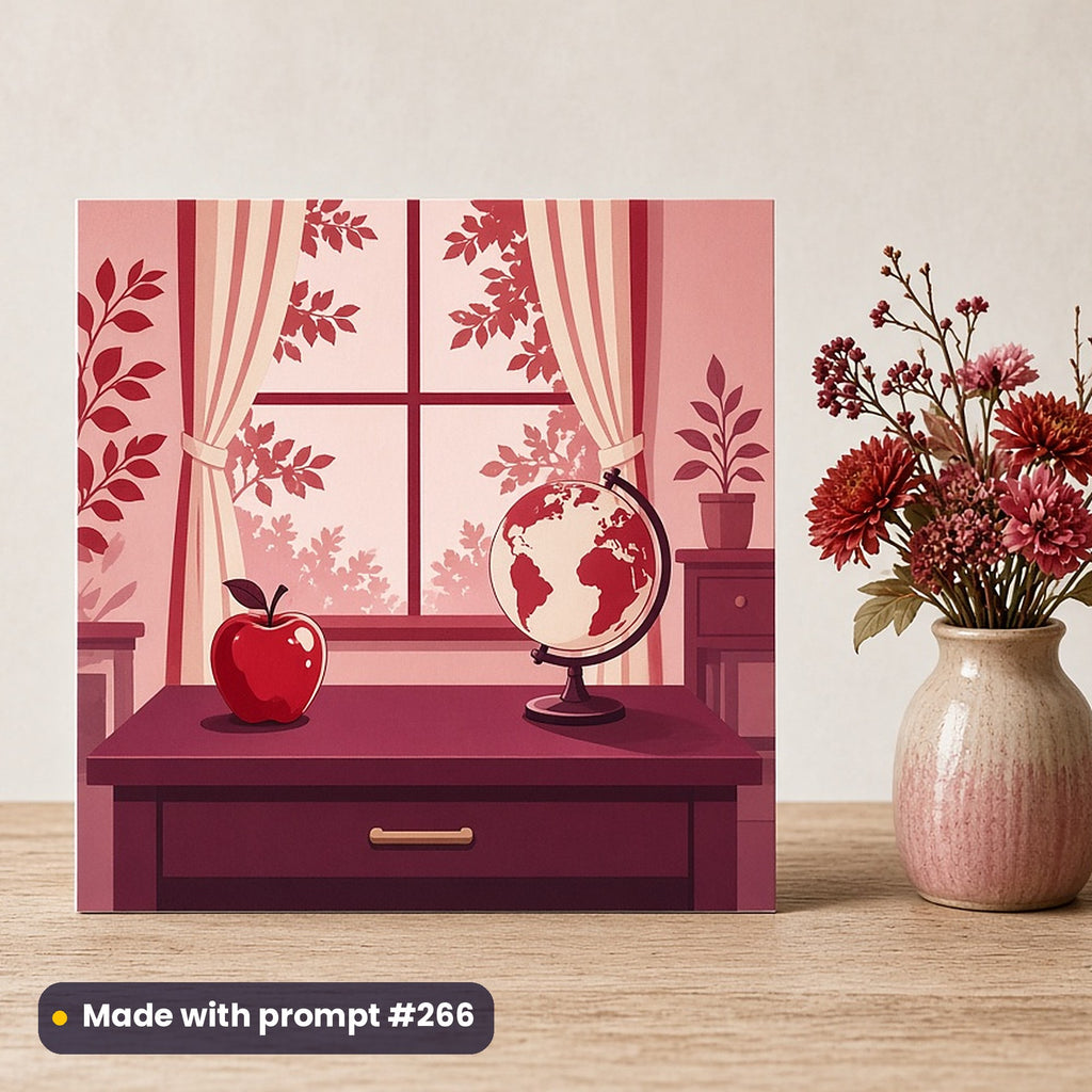 World Teachers' Day artwork printed on a flat-printed greeting card: teacher's desk with a polished apple and a globe, pop art style, made with prompt #266 from this pack