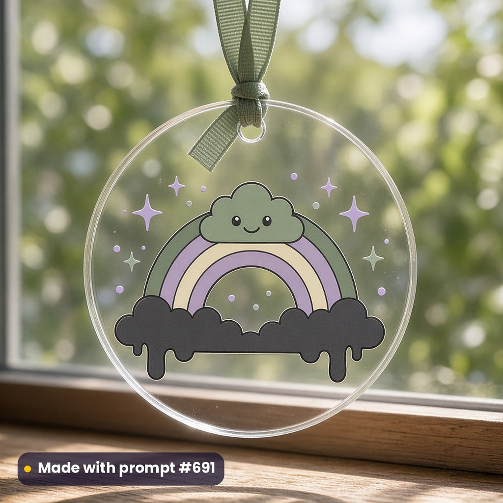 Kids Characters artwork printed on a UV-printed clear acrylic ornament: happy rainbow cloud, neon graphic style, made with prompt #691 from this pack