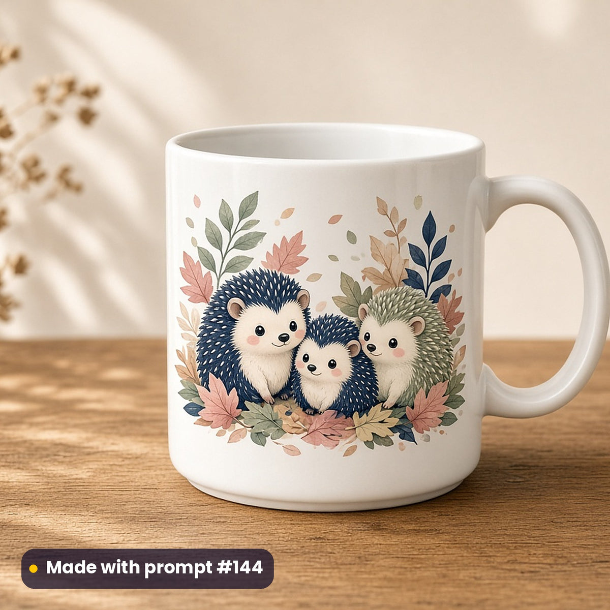 World Animal Day artwork printed on a UV-printed ceramic mug: hedgehog family in autumn leaves, cute kawaii style, made with prompt #144 from this pack