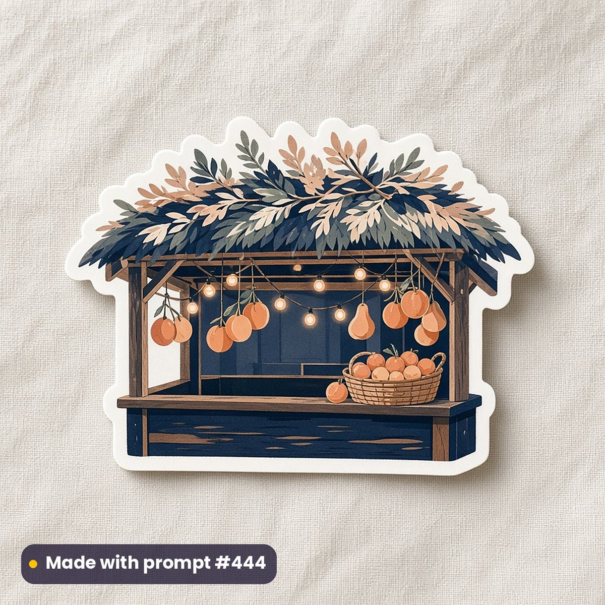 Sukkot artwork printed on a die-cut vinyl sticker: sukkah decorated with hanging fruit and lights, modern scandinavian style, made with prompt #444 from this pack
