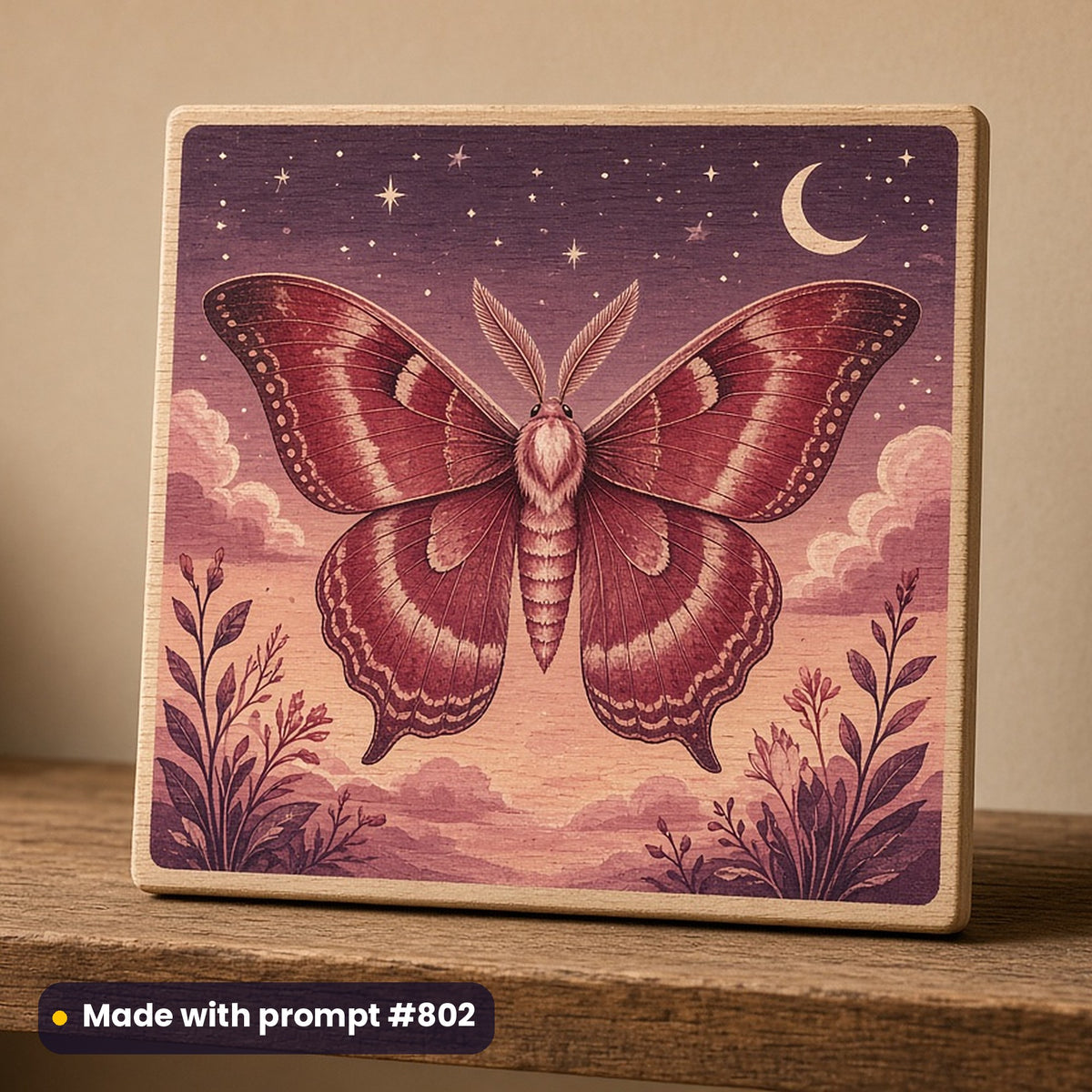 Celestial & Astrology artwork printed on a UV-printed wooden plaque: night-sky moth, whimsical storybook style, made with prompt #802 from this pack