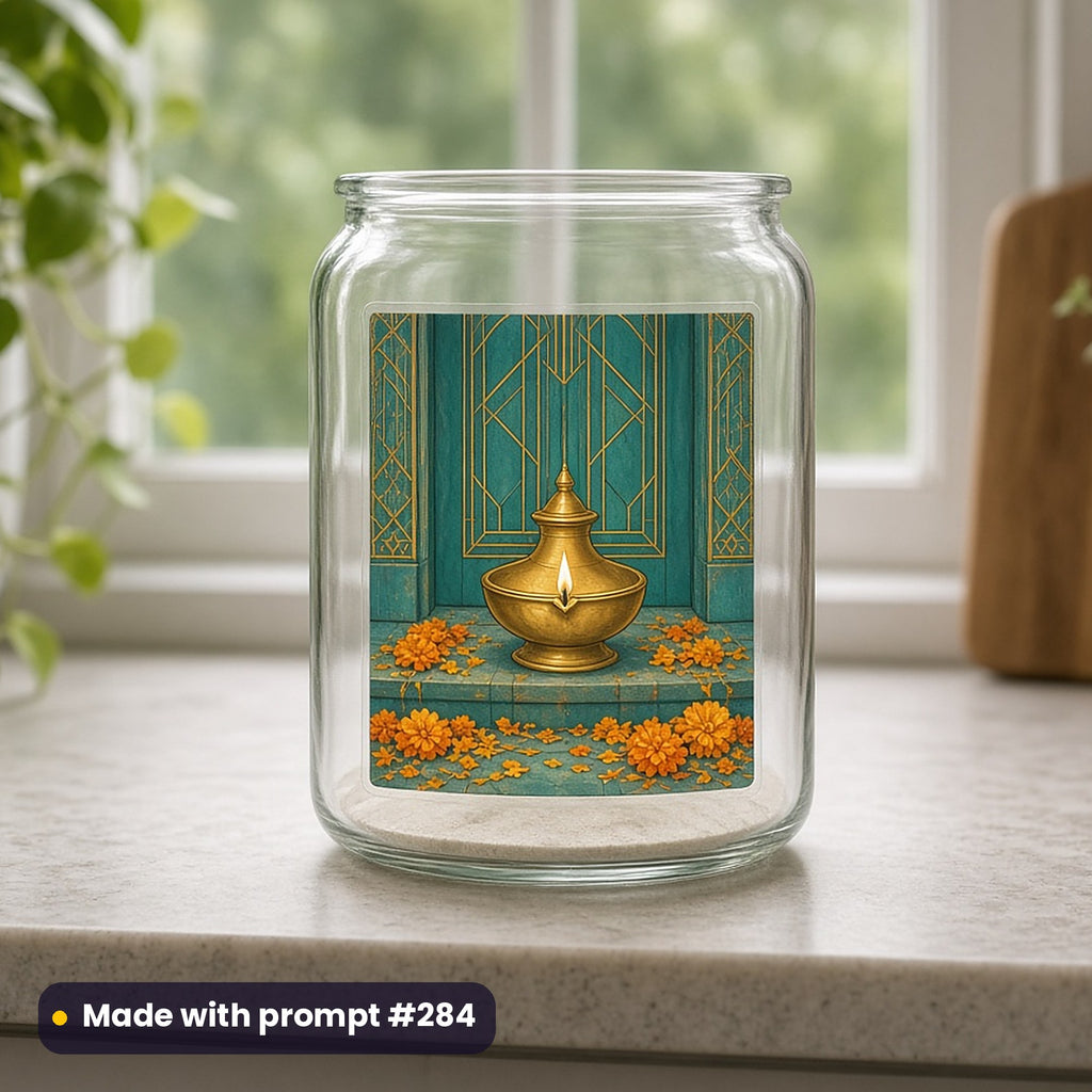Dussehra artwork printed on a UV DTF decal on glass: brass oil lamp on a festive doorstep, art deco style, made with prompt #284 from this pack