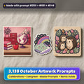 Complete October prompt library: 3,138 master prompts + Remix Guide, with a UV-printed greeting card, acrylic ornament and mug set made with prompts #266, #691 and #144
