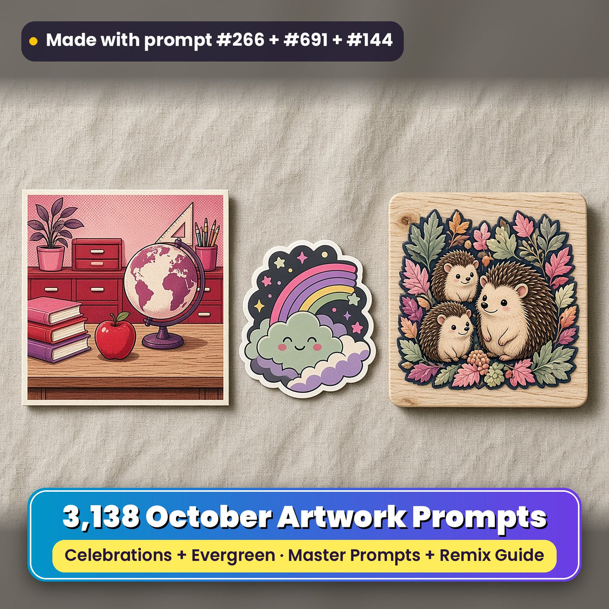 Complete October prompt library: 3,138 master prompts + Remix Guide, with a UV-printed greeting card, acrylic ornament and mug set made with prompts #266, #691 and #144