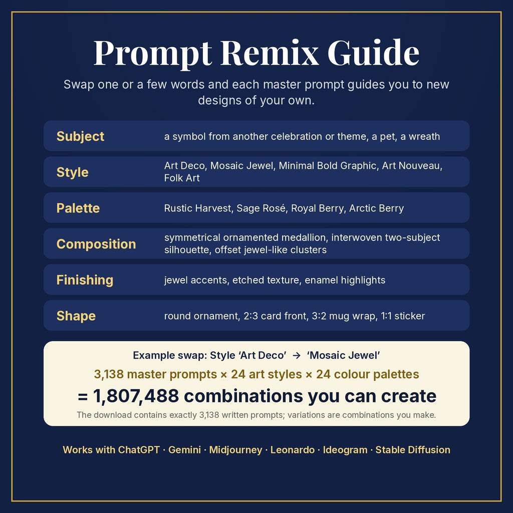 Prompt Remix Guide: swap subject, style, palette, composition, finishing and shape; 3,138 master prompts × 24 styles × 24 palettes = 1,807,488 combinations you can create