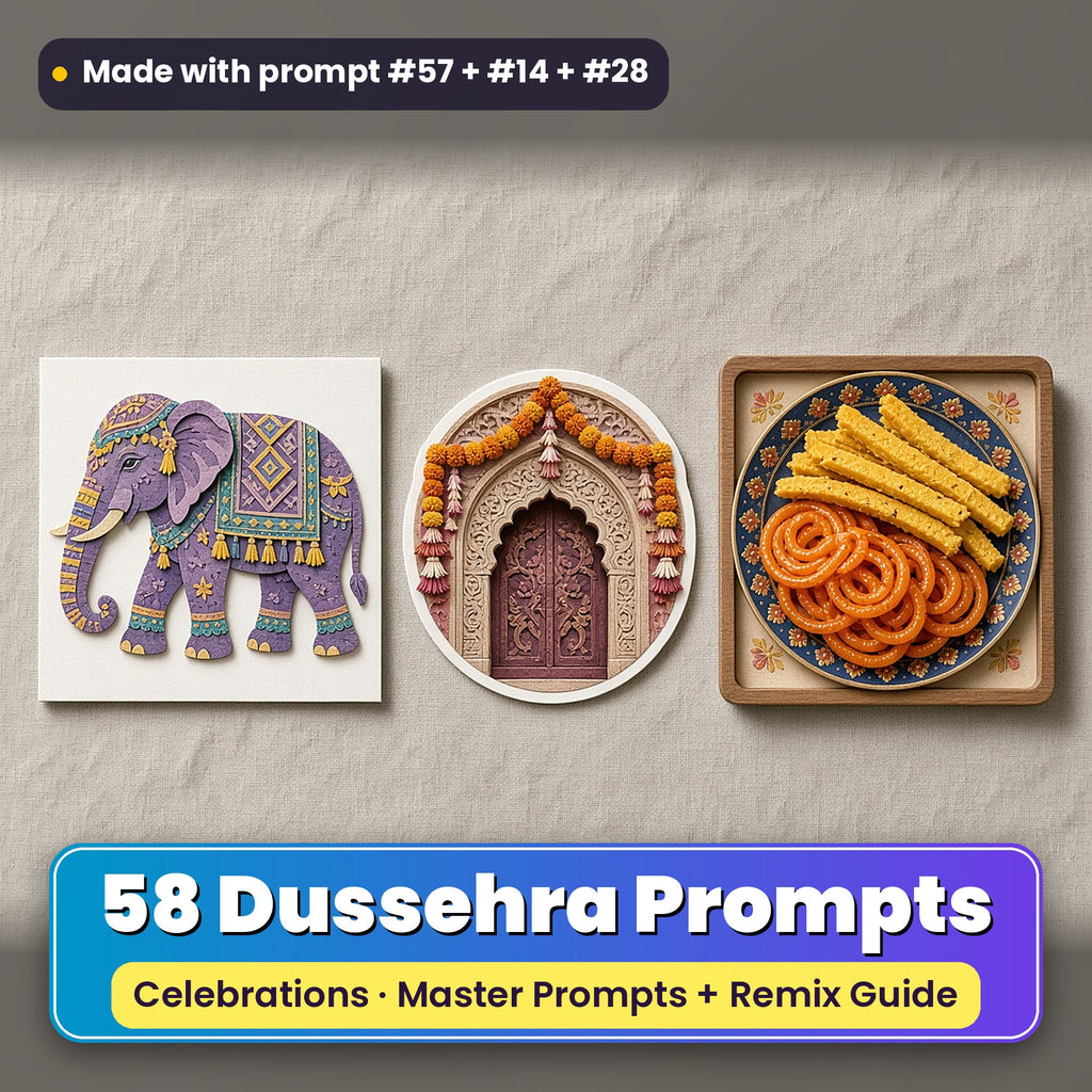 Dussehra prompt pack: 58 master prompts + Remix Guide, with a UV-printed greeting card, acrylic ornament and mug set made with prompts #57, #14 and #28