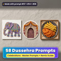 Dussehra prompt pack: 58 master prompts + Remix Guide, with a UV-printed greeting card, acrylic ornament and mug set made with prompts #57, #14 and #28