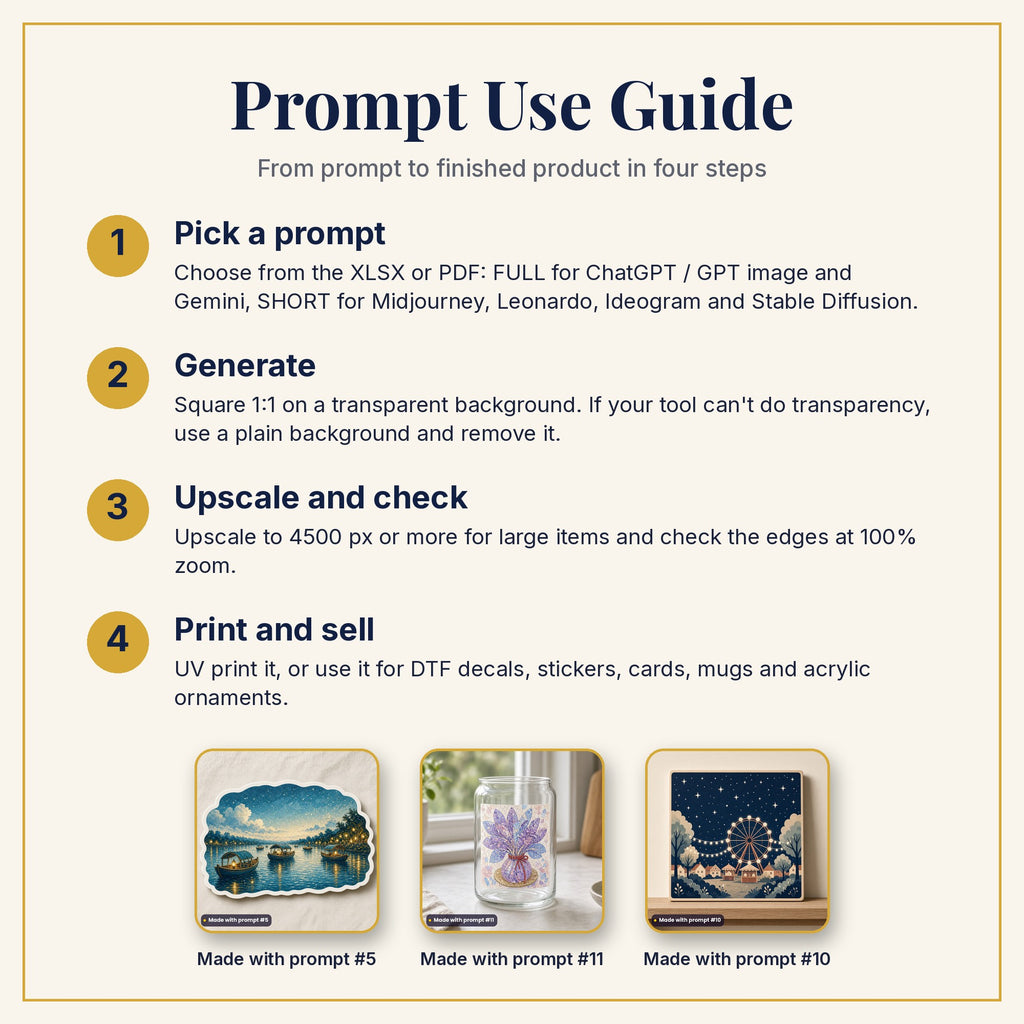 Prompt Use Guide: pick a prompt, generate, upscale and check, then print and sell, with example products made with prompts #5, #11 and #10