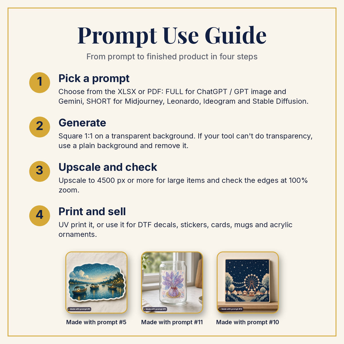 Prompt Use Guide: pick a prompt, generate, upscale and check, then print and sell, with example products made with prompts #5, #11 and #10