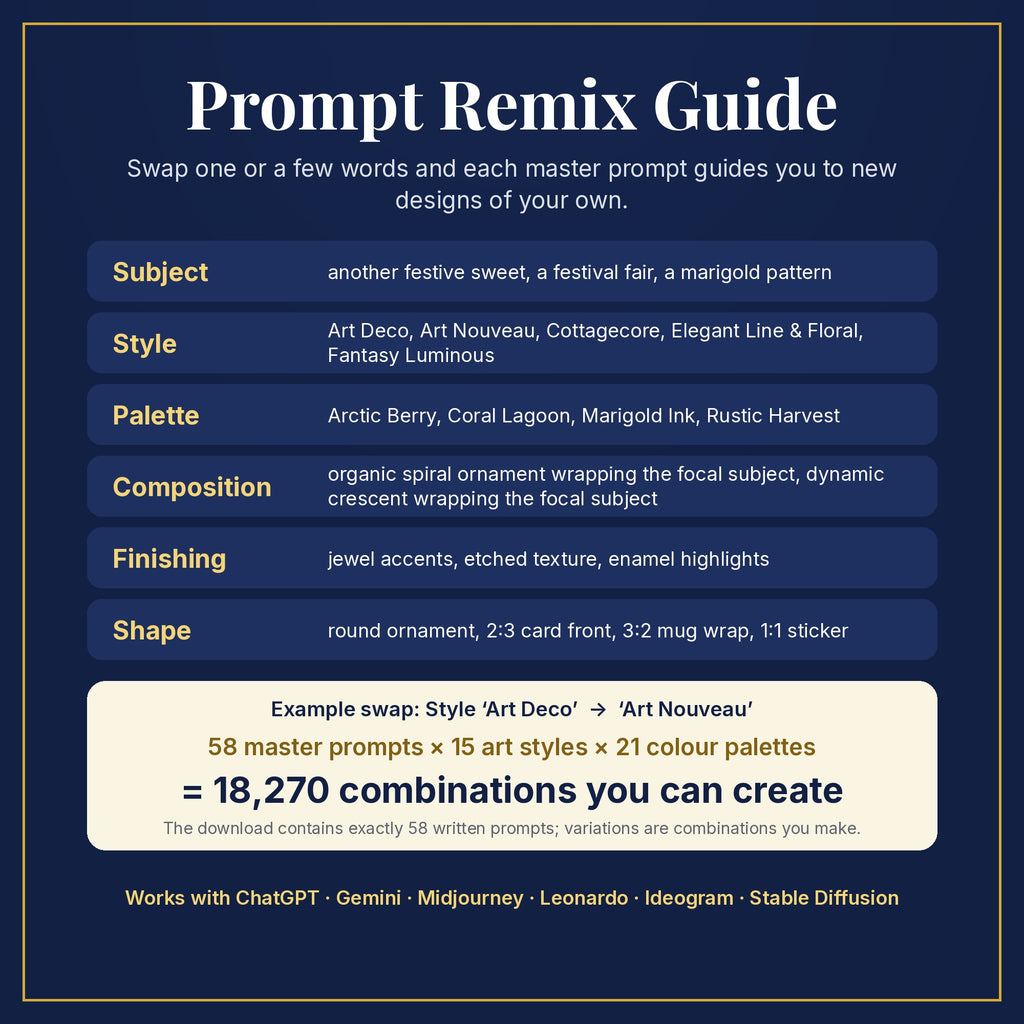 Prompt Remix Guide: swap subject, style, palette, composition, finishing and shape; 58 master prompts × 15 styles × 21 palettes = 18,270 combinations you can create