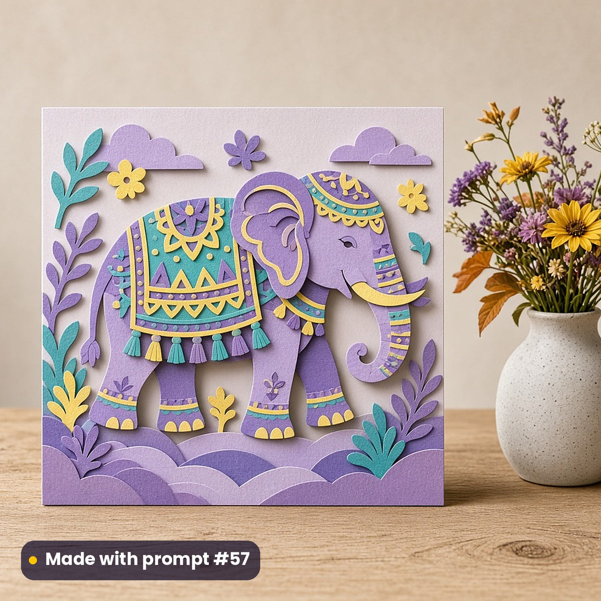 Dussehra artwork printed on a flat-printed greeting card: decorated elephant with a painted trunk, papercut relief illusion style, made with prompt #57 from this pack