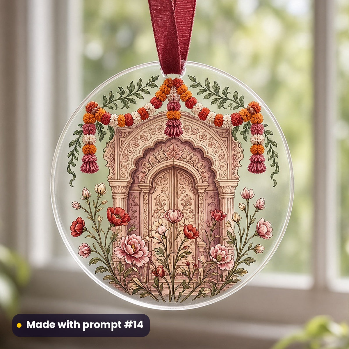 Dussehra artwork printed on a UV-printed clear acrylic ornament: marigold toran over a carved doorway, vintage botanical style, made with prompt #14 from this pack