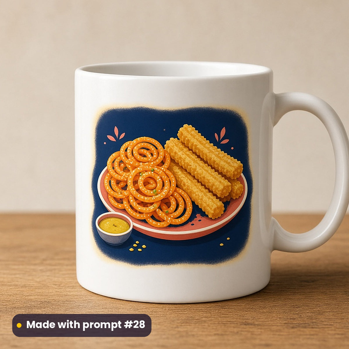 Dussehra artwork printed on a UV-printed ceramic mug: plate of jalebi and fafda, premium sculpted 3d style, made with prompt #28 from this pack