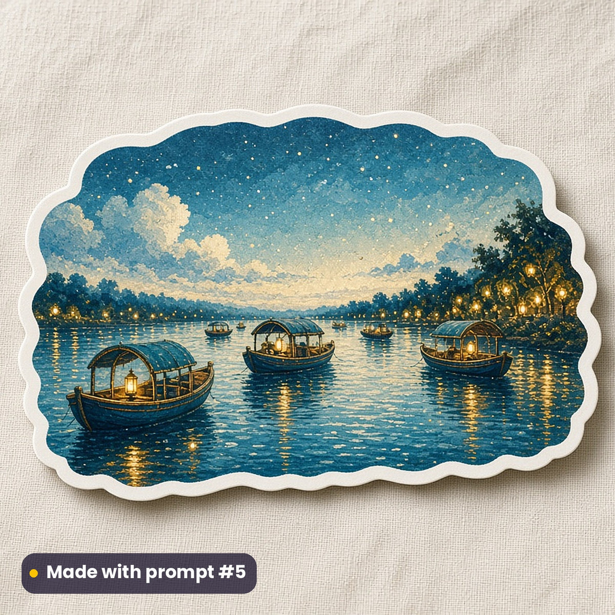 Dussehra artwork printed on a die-cut vinyl sticker: boats on a river on a festival evening, fantasy luminous style, made with prompt #5 from this pack