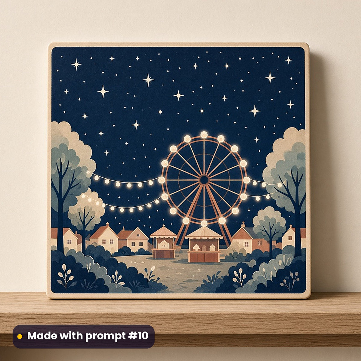Dussehra artwork printed on a UV-printed wooden plaque: starry night above a festival fair, modern scandinavian style, made with prompt #10 from this pack