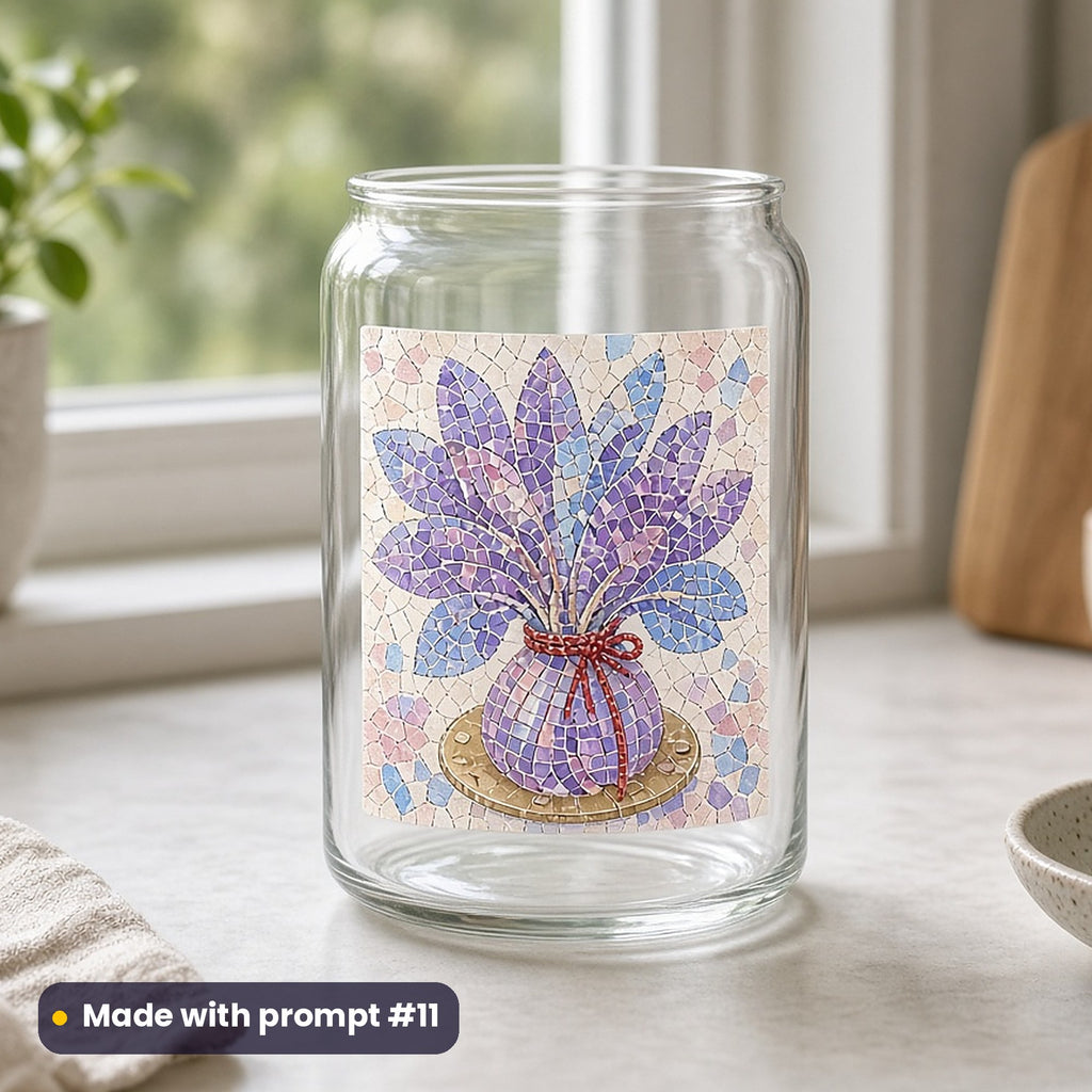 Dussehra artwork printed on a UV DTF decal on glass: shami leaves tied with red thread on a brass plate, mosaic jewel style, made with prompt #11 from this pack