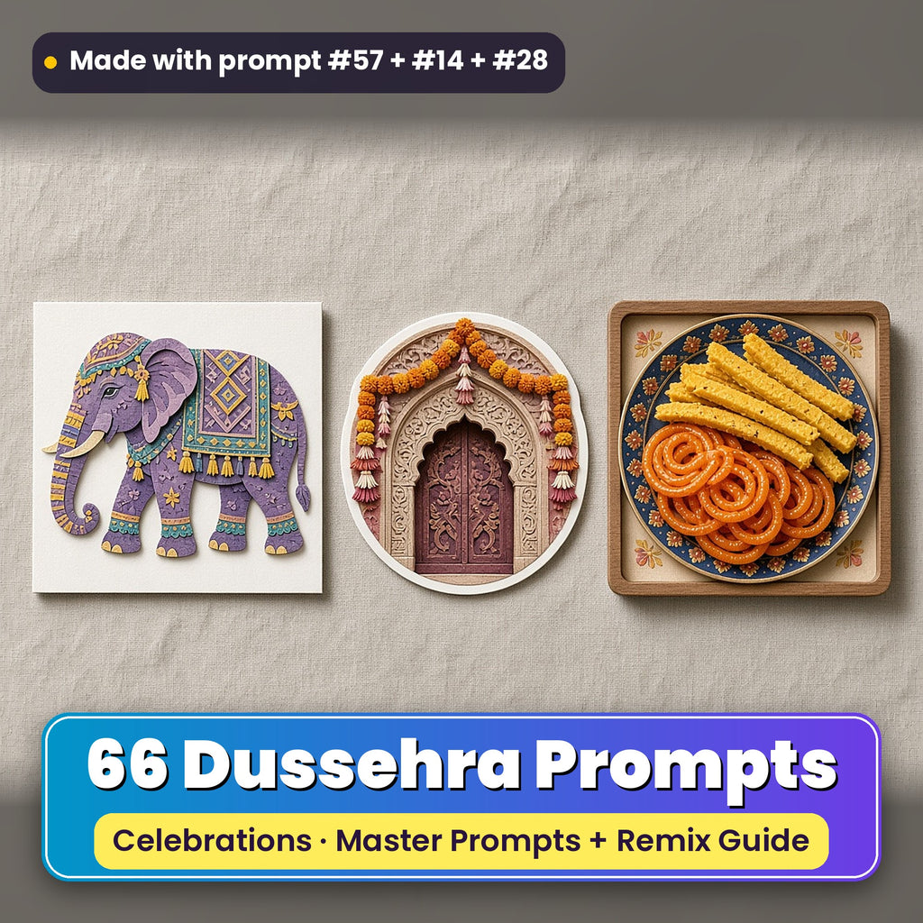 Dussehra prompt pack: 66 master prompts + Remix Guide, with a UV-printed greeting card, acrylic ornament and mug set made with prompts #57, #14 and #28